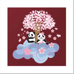 Cute pandas playing under the cherry blossom tree Posters and Art